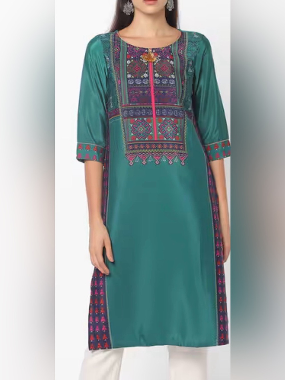 Aurelia Green Printed Straight Kurta with Tassel Indian Machine Washable Top